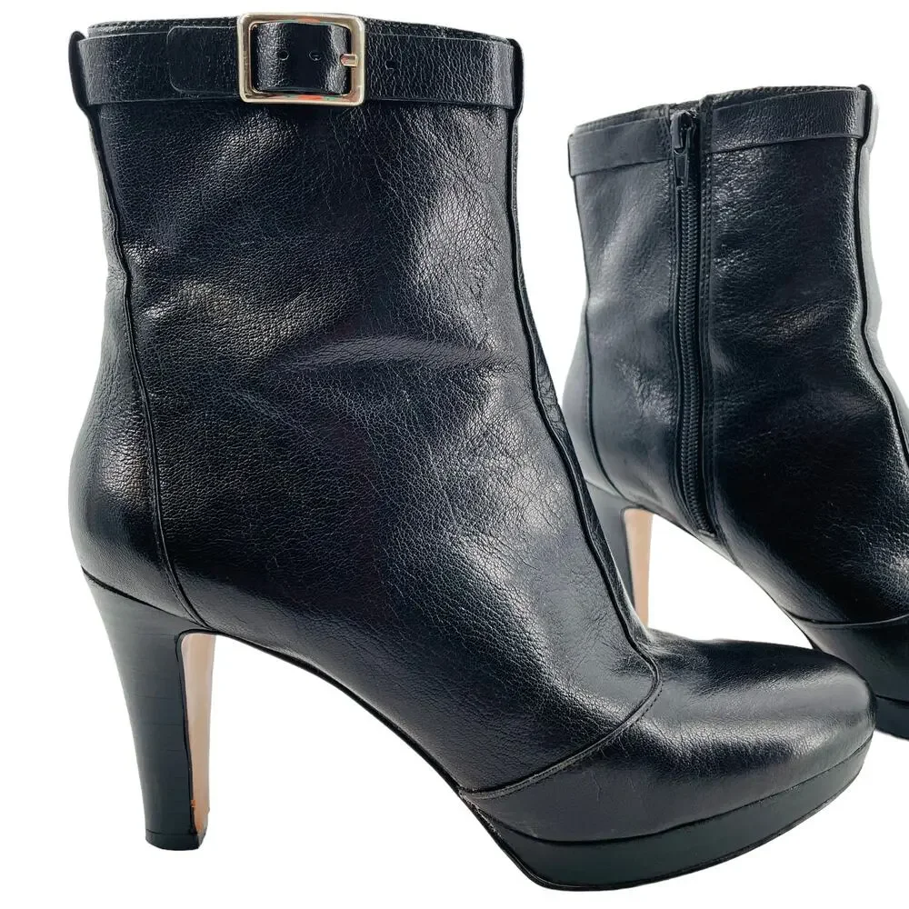 Nine West Fudgeit Black Leather Stiletto Heel Inside Zip Buckle Ankle Booties 8